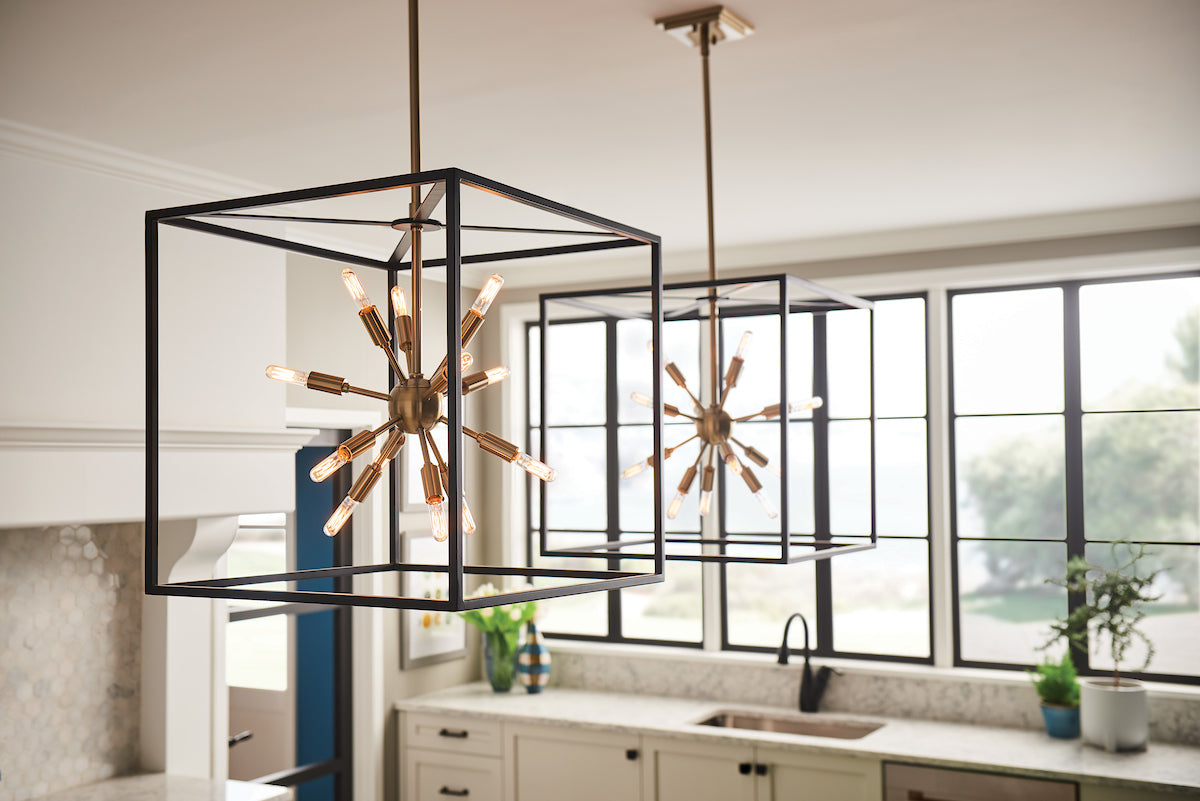 Hinkley mixed metal pendants over kitchen island.