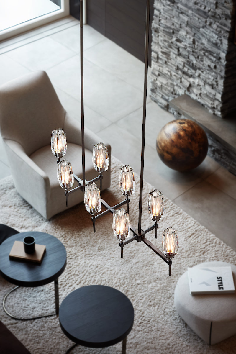 Overhead view of livingroom with Hinkley Ana Chandelier with crystal chunky faceted shades.