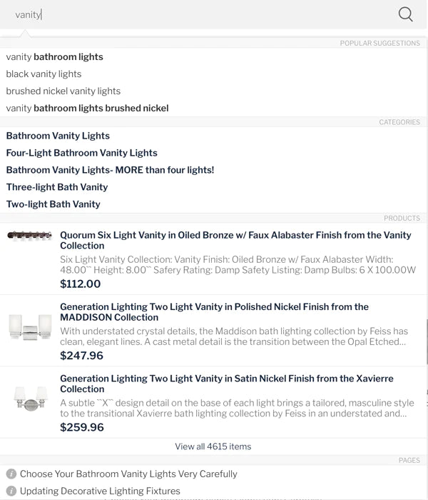 lighting fixtures predictive search