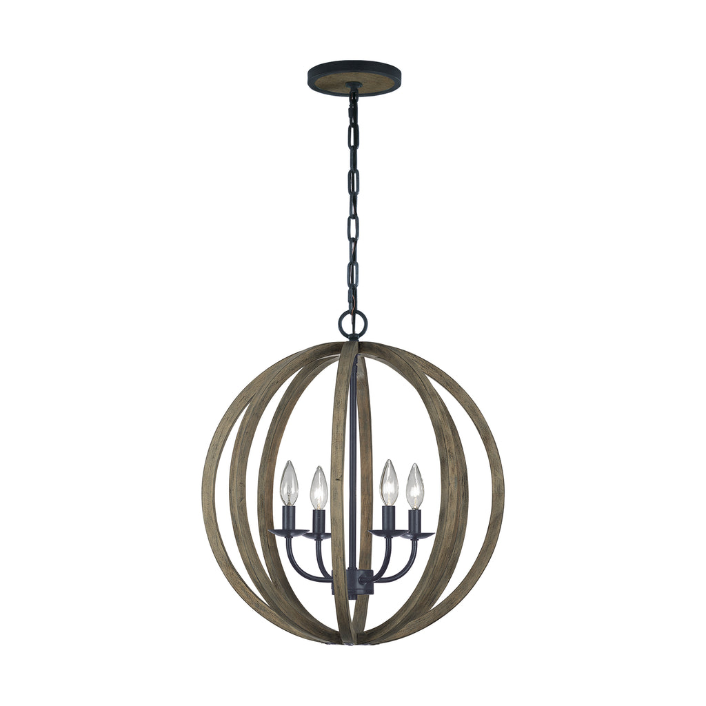 Buy the Allier Four Light Pendant in Weathered Oak Wood / Antique Forged Iron by Visual Comfort Studio ( SKU# F2935/4WOW/AF )