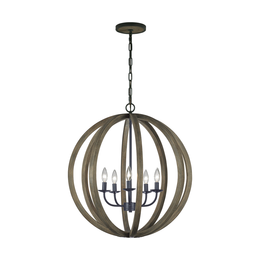 Buy the Allier Five Light Pendant in Weathered Oak Wood / Antique Forged Iron by Visual Comfort Studio ( SKU# F2936/5WOW/AF )