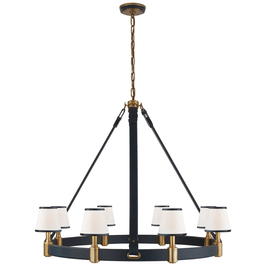 Buy the Riley Eight Light Chandelier in Natural Brass and Navy Leather by Ralph Lauren ( SKU# RL 5612NB/NVY-L )